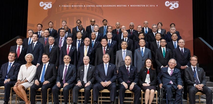 Finance ministers and central bank governors of the Group of Twenty nations gather for photo at the International Monetary Fund and World Bank meetings in Washington last month. (AP photo)