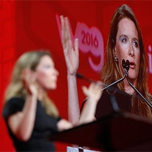 Katie Telford, 2015 National Campaign Co-Chair speaks at the 2016 Liberal Biennial Convention Winnipeg Friday, May 27, 2016. (Photograph by John Woods)
