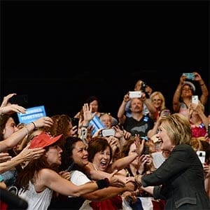 Democratic presidential candidate Hillary Clinton receives a warm reception from a capacity crowd at the Exposition Center of the North Carolina State Fairgrounds in Raleigh, N.C., on Wednesday, June 22, 2016. (Chuck Liddy/Raleigh News & Observer/Getty Images)