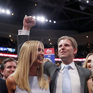 Republican Presidential Candidate Donald Trump's children Donald Trump, Jr., Ivanka Trump, Eric Trump AND Tiffany Trump celebrate on the convention floor during the second day session of the Republican National Convention in Cleveland, Tuesday, July 19, 2016. (Carolyn Kaster/AP)