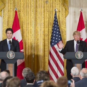 US President Donald Trump and Canadian Prime Minister Justin Trudeau hold a joint press conference in the East Room of the White House in Washington, DC, February 13, 2017. (Saul Loeb/AFP/Getty Images)
