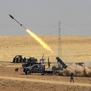 A picture taken on October 26, 2017 shows rockets being launched from Iraqi security forces' against Kurdish Peshmerga positions in the area of Faysh Khabur, which is located on the Turkish and Syrian borders in the Iraqi Kurdish autonomous region. (AHMAD AL-RUBAYE/AFP/Getty Images)