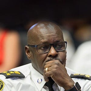 Toronto Police Chief Mark Saunders listens to deputations. Members of the public, and others, appear before the Police Service Board to discus the funding of School Resource Officers (SRO) in local schools. (Rick Madonik/Toronto Star/Getty Images)