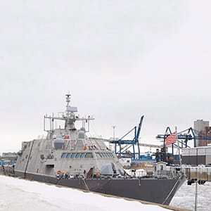 The USS Little Rock is shown moored in Montreal's old port, Sunday, January 21, 2018. A newly commissioned Navy warship will be wintering in Montreal after its journey to Florida was interrupted by cold and ice. (Graham Hughes/CP)