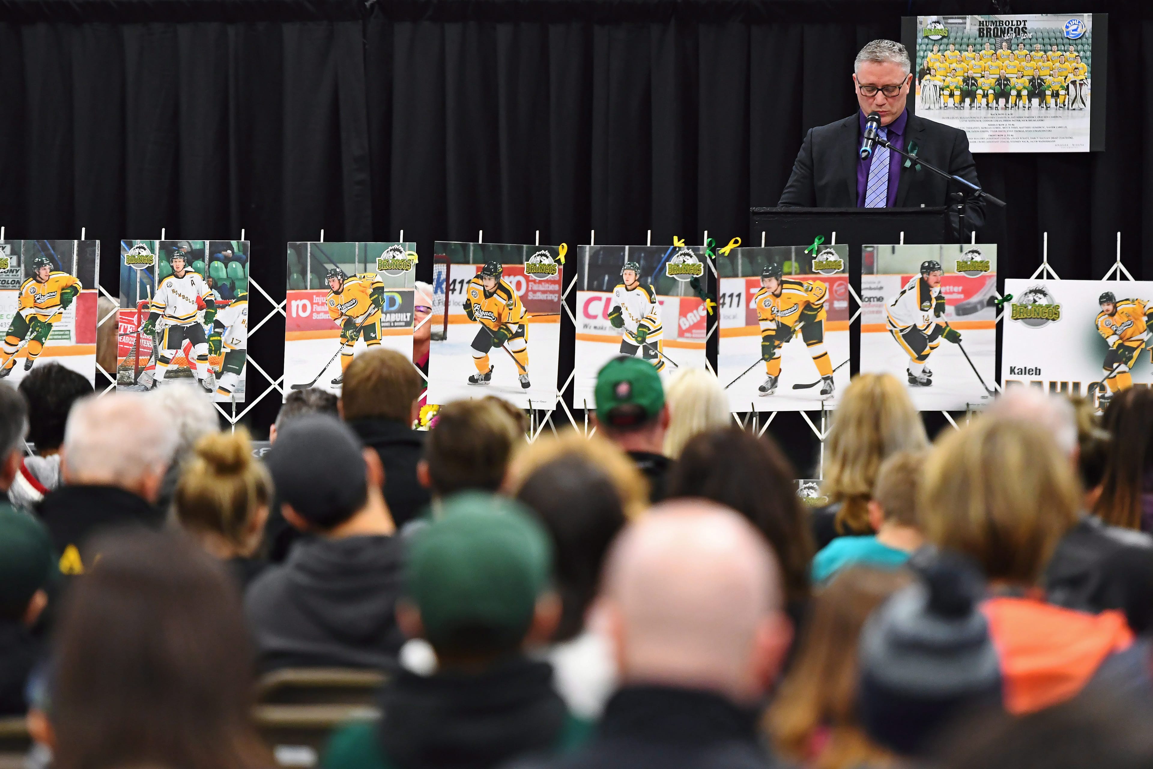 Kevin Garinger, President of the Humboldt Broncos, speaks during a vigil at the Elgar Petersen Arena, home of the Humboldt Broncos, to honour the victims of a fatal bus accident in Humboldt, Sask. on Sunday, April 8, 2018. (Jonathan Hayward/CP)