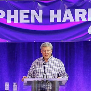 Canadian Prime Minister Harper addresses his supporters at his annual Stampede BBQ in Calgary.