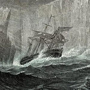 The 'Erebus' and the 'Terror' Among Icebergs. Sir John Franklin (1786-1847) British naval officer and arctic explorer commanded the 1845 expedition of the ships 'Erebus' and 'Terror' to search for the North West Passage. All members of the expedition peri
