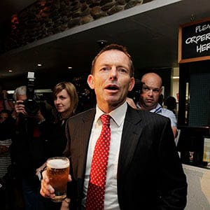2010 Election Campaign. Opposition Leader Tony Abbott drinks a light beer shandy