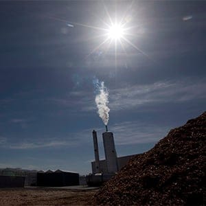 Wood chips are seen in the foreground at ProSelect green house in Delta, B.C. Friday, April, 20, 2012 as a stack releases clean emissions into the air. ProSelect is the worlds first carbon capture greenhouse using state-of-the-art clean energy to heat their greenhouses and grow their produce using CO2 produced from the burning of wood chips therefore not putting any harmful emissions into the air. (Jonathan Hayward/CP)