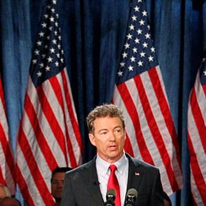 U.S. Senator Rand Paul (R-KY) formally announces his candidacy for president during an event in Louisville, Kentucky, April 7, 2015. Earlier on Tuesday, Paul initially announced his candidacy in a post on his website. (John Sommers II/Reuters)