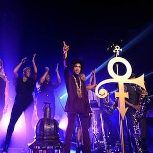 LOS ANGELES, CA - MARCH 08: Elisa Dease, Liv Warfield, Prince and Shelby J. perform onstage at The Hollywood Palladium on March 8, 2014 in Los Angeles, California. (Kevin Mazur/WireImage/Getty Images)