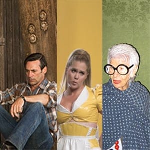 (left to right) Stills from the final episode of Mad Men, Inside Amy Schumer and the documetary Iris. (Justina Mintz/AMC, Bell Media, Magnolia Pictures)