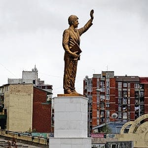 Photo taken on October 13, 2009 shows a statue of former US President Bill Clinton erected by Kosovo authorities in Pristina. Kosovo Albanians admire Clinton because of his role in the 1999 NATO bombings of then Yugoslavia and honoured him by erecting a three-metre (10-feet) tall monument on a Pristina boulevard already named after him. The boulevard is already graced by a 12-metre tall mural of the former president. Former US president Bill Clinton will in November attend the unveiling of a statue of himself, Kosovo's "saviour,". (Armend Nimani/AFP/Getty Images)