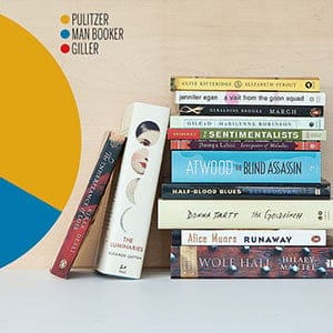 Stack of award winning books. Photograph by May Truong