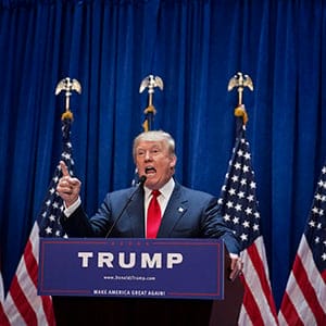Donald Trump, president and chief executive of Trump Organization Inc., speaks while announcing he will seek the 2016 Republican presidential nomination at Trump Tower in New York, U.S., on Tuesday, June 16, 2015. Billionaire television personality and business executive Donald Trump formally began his Republican presidential campaign today in Manhattan, saying that the United States has become "a dumping ground for other people's problems." (Victor J. Blue/Bloomberg/Getty)