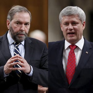 Thomas Mulcair, Stephen Harper, Elizabeth May, Stephen Trudeau. NO Credit.