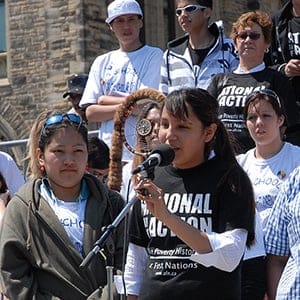 Shannen Kootaschin speaks on Parliament HIll. (Charles Dobie)