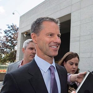 Nigel Wright, former chief of staff to Prime Minister Stephen Harper, arrives with his lawyer Peter Mantas (right) at the courthouse in Ottawa on Thursday, Aug. 13, 2015 for his second day of testimony at the criminal trial of embattled Sen. Mike Duffy. (Justin Tang/CP)