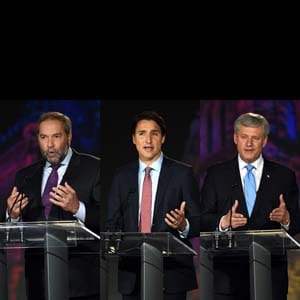 From left to right, NDP Leader Tom Muclair, Liberal Leader Justin Trudeau, and Conservative Leader Stephen Harper are seen at various points during the Globe and Mail leaders' debate, in this photo illustration, on Thursday, September 17, 2015. THE CANADIAN PRESS/Sean Kilpatrick