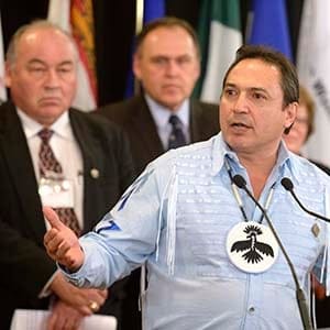AFN National Chief Perry Bellegarde speaks at a news conference in Ottawa on Friday, Feb. 27, 2015 following the National Roundtable on Missing and Murdered Indigenous Women and Girls. (Adrian Wyld/CP)