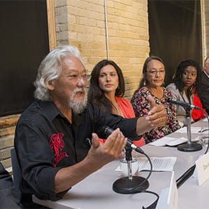 Environmental activist David Suzuki (L) speaks during news conference to launch the "Leap Manifesto: A Call for a Canada Based on Caring for the Earth and One Another " in Toronto, September 15, 2015. The Leap Manifesto is a group consisting of activists, artists, and celebrities that call for strong environmental policy changes and initiatives. (Mark Blinch/Reuters)