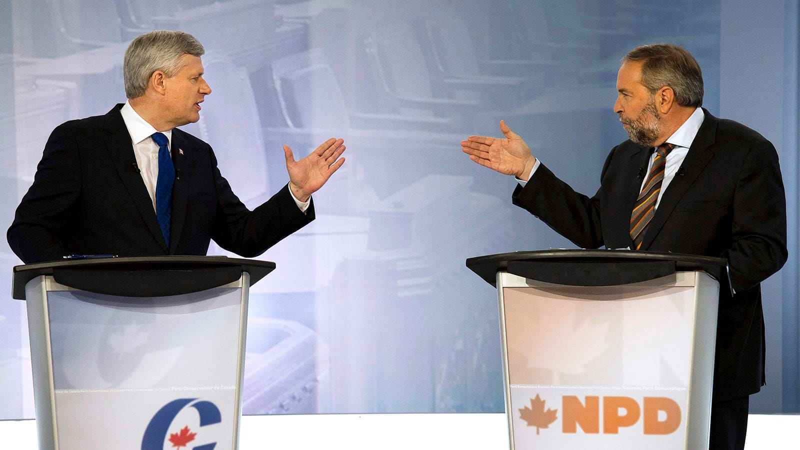 Conservative leader Stephen Harper, lef, exchanges words with NDP leader Tom Mulcair during the french language leaders debate Thursday, September 24, 2015 in Montreal. (Adrian Wyld/CP)