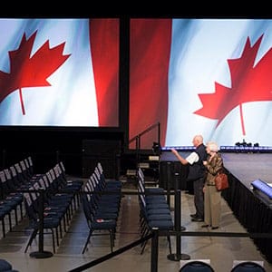 Monday, October 19, 2015 - Calgary, Alberta - Conservative party supporters arrive to an empty room as they wait for party leader Stephen Harper to speak from Calgary, Alberta on Monday, October 19, 2015. (Photograph by Chris Bolin)