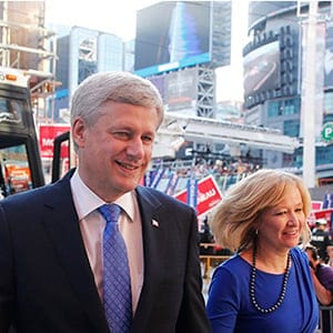 Canada's Conservative Prime Minister Stephen Harper arrives with his wife Laureen (R) at the venue for the Maclean's national leadership debate in Toronto August 6, 2015. Canadians go to the polls on October 19, 2015. (Mark Blinch/Reuters)