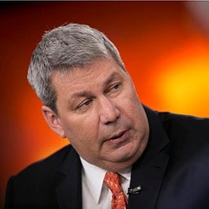 Michael "Mike" Pearson, chairman and chief executive officer of Valeant Pharmaceuticals International Inc., pauses during a Bloomberg Television interview in New York, U.S., on Wednesday, April 23, 2014. With his $45.7 billion bid for Allergan Inc., Pearson is pulling the credit rating of Canada's most indebted junk bond issuer closer to investment grade while attempting the biggest takeover in the country's history. (Scott Eells/Bloomberg/Getty Images)