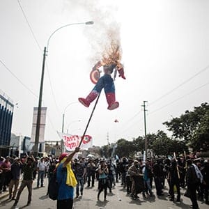 LIMA, PERU - OCTOBER 09: Demonstrators stage a protest against the Annual Meetings of World Bank Group (WBG) and International Monetary Fund (IMF) taking place in Lima, Peru on October 09, 2015. (Sebastian Castaneda /Anadolu Agency/Getty Images)