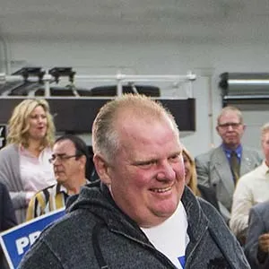 Former Toronto Mayor and current city Councillor Rob Ford arrives to show support for Canada's Prime Minister and Conservative leader Stephen Harper at a campaign rally at William F. White International Inc, a stage lighting equipment supplier in Etobicoke, a suburb of Toronto, October 13, 2015. Ford, was a larger-than-life figure who made international headlines with his admission that he smoked crack cocaine while he was Toronto Mayor, arrived wearing a sweatsuit to remain comfortable while he recovers from surgery to remove a cancerous tumour in his abdomen earlier this year. Canadians will go to the polls for a federal election on October 19. (Mark Blinch/Reuters)