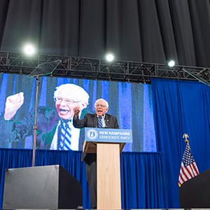 MANCHESTER, NH - SEPTEMBER 19: Democratic Presidential candidate Senator Bernie Sanders (I-VT) talks on stage during the New Hampshire Democratic Party State Convention on September 19, 2015 in Manchester, New Hampshire. (Scott Eisen/Getty Images)