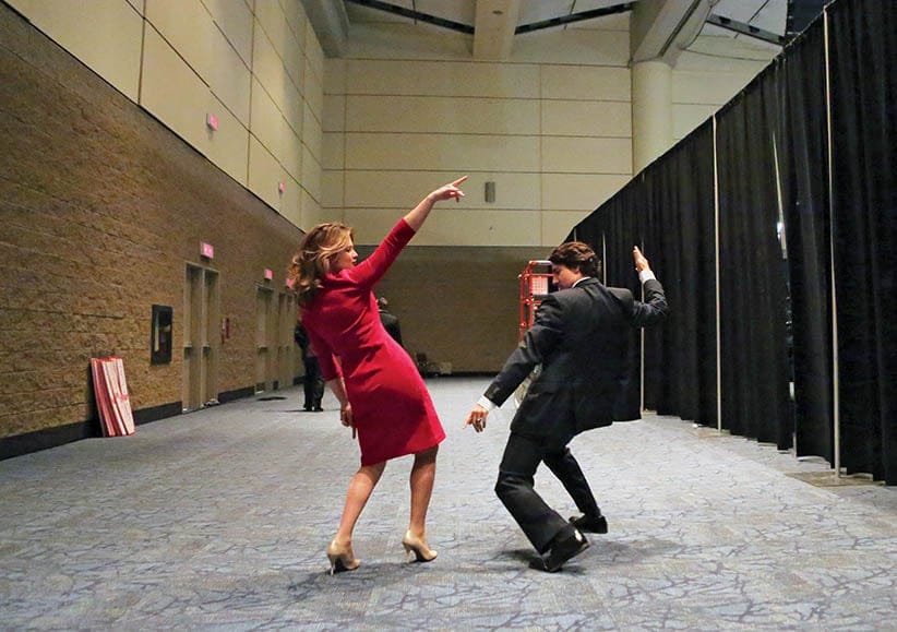 APRIL 6TH 2013 - TORONTO - Sophie Grégoire-Trudeau and Justin Trudeau dance to 'Hello' by Dragonette before Trudeau goes on stage to deliver his speech at the Liberal Showcase.