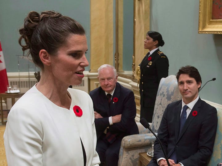 Governor General David Johnston and Prime Minister Justin Trudeau look on as Kirsty Duncan is sworn in as the Minister of Science during ceremonies at Rideau Hall Wednesday Nov.4, 2015 in Ottawa. (Adrian Wyld/CP)