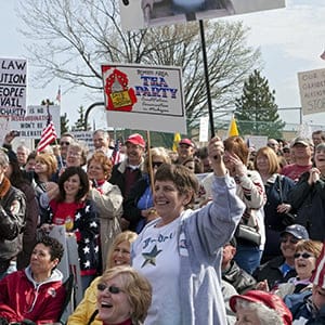 Climate change sceptics or global warming deniers at a Tea Party Express rally in Detroit. (Jim West/Report Digital-Rea/Redux)