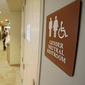 A sign marks the entrance to a gender neutral restroom at the University of Vermont in Burlington, Vt., Thursday, Aug. 23, 2007. (Toby Talbot/AP/CP)