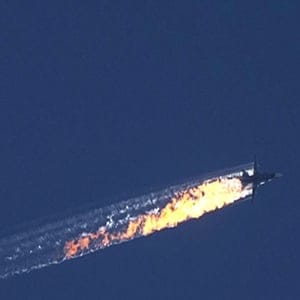epaselect epa05039461 A still image made available on 24 November 2015 from video footage shown by the HaberTurk TV Channel shows a burning trail as a plane comes down after being shot down near the Turkish-Syrian border, over north Syria, 24 November 2015. A Russian fighter jet was shot down 24 November over the Turkish-Syrian border, the Defence Ministry in Moscow said, according to Interfax news agency. The Sukhoi Su-24 was reportedly downed by Turkish forces, Turkish state news agency Anadolu reported, citing sources in the presidency. The report said that the jet violated Turkish airspace and ignored warnings. It crashed in the north-western Syrian town of Bayirbucak, Turkish security sources were quoted as saying. EPA/HABERTURK TV CHANNEL MANDATORY CREDIT: HABERTURK TV CHANNEL