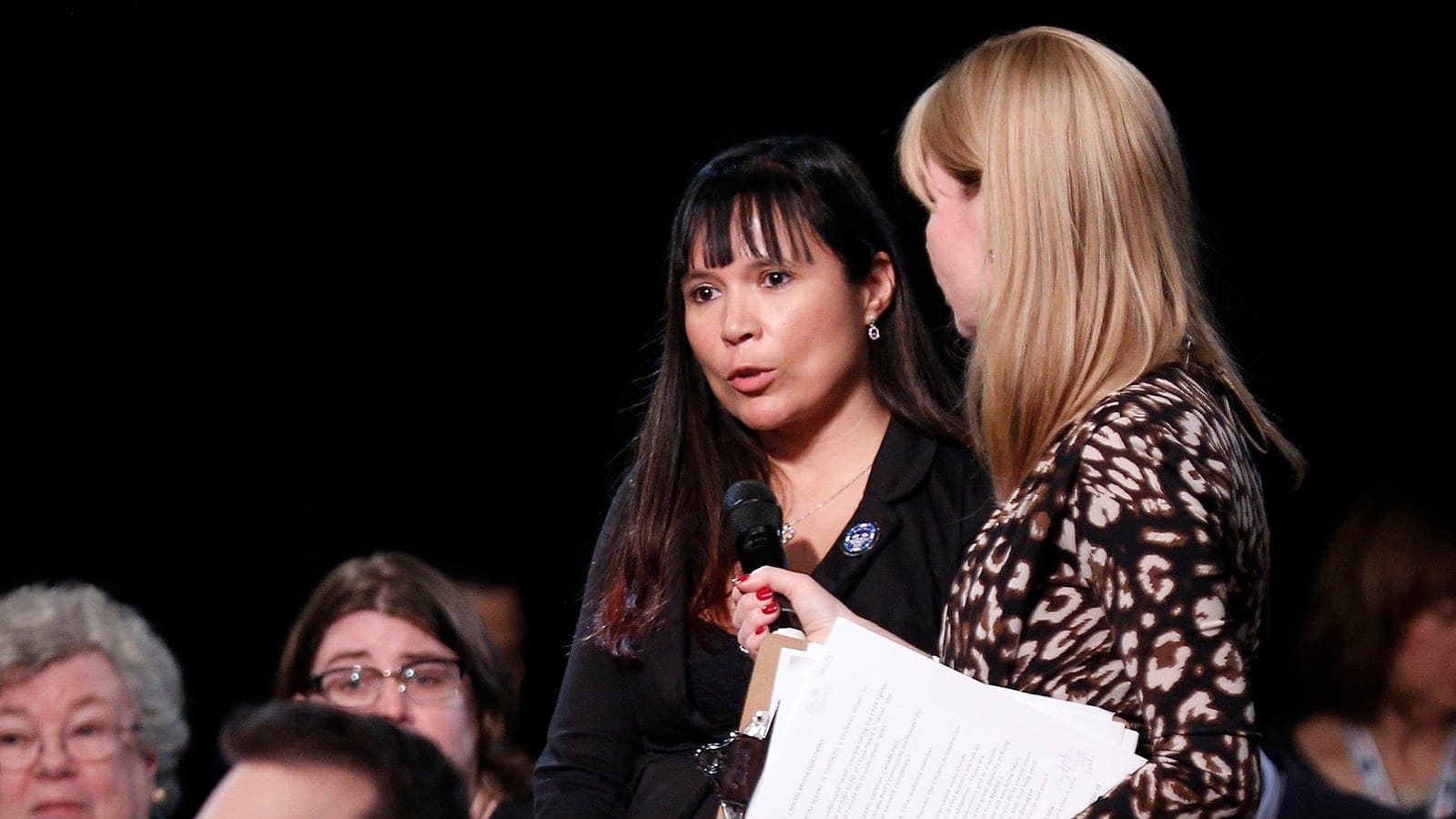 Maria Jacko, friend of NWAC and family member of MMIW, asks Justin Trudeau a question during the #MacTownHall on December 16, 2015. (Photograph by Blair Gable)