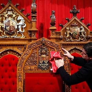 Charles Lamoureux cleans the Senate chamber on Parliament Hill in Ottawa February 25, 2010. Canada's Prime Minister Stephen Harper will outline his government's agenda in the Speech from the Throne on March 3. (Blair Gable/Reuters)