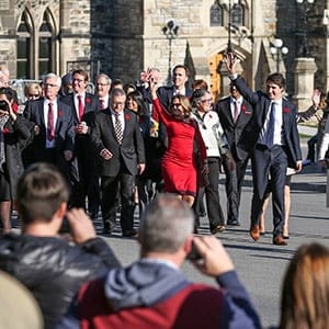 Prime Minister Justin Trudeau and his cabinet arrive at Parliament Hill for their first Cabinet meeting after being sworn-in earlier in the day. November 4, 2015. (Prime Minister's Office)