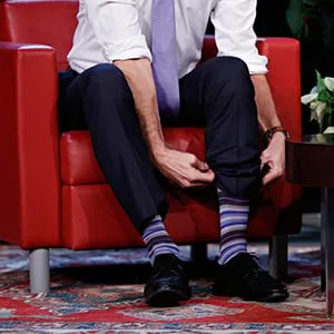Canada's Prime Minister Justin Trudeau speaks with Maclean's Magazine political writer Paul Wells at the National Arts Centre in Ottawa December 16, 2015. (Photograph by Blair Gable)