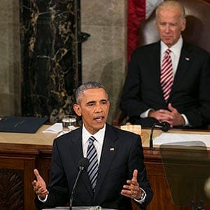 UNITED STATES - JANUARY 12 - President Barack Obama speaks during his final State of the Union to a joint session of Congress in the House Chamber on Capitol Hill in Washington, Tuesday, Jan. 12, 2016. Behind him Vice President Joe Biden and House Speaker Paul Ryan listen. Al Drago/CQ Roll Call/Getty Images