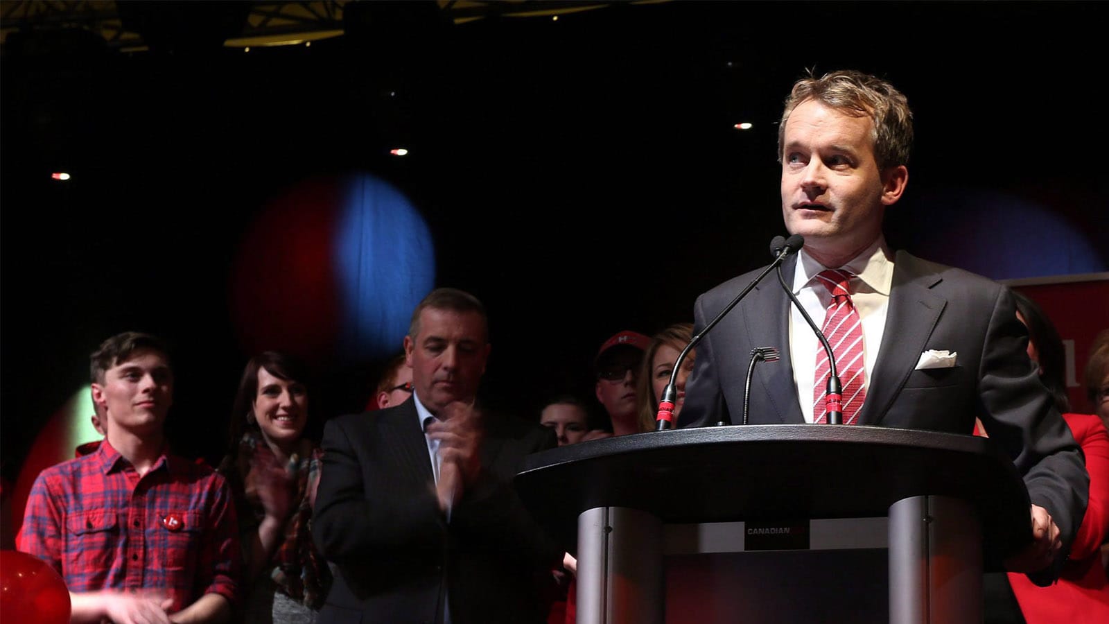 Seamus O'Regan, flanked by supporters, makes his acceptance speech at the Delta Hotel in downton St. John's following his win in the district of St. John's South on October 19, 2015. Newly-elected Liberal MP and former broadcast journalist O'Regan says he has entered a wellness program to adopt "an alcohol free lifestyle. Paul Daly/CP