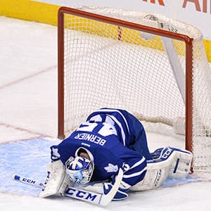 Jonathan Bernier after letting the 2nd goal in. Toronto Maple Leafs vs Buffalo Sabres during 1st period NHL action at the Air Canada Centre. (Rick Madonik/Toronto Star/Getty Images)