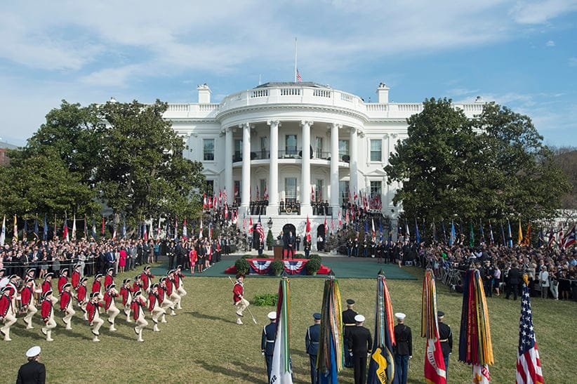 US President Barack Obama (C-L) and Prime Minister of Canada Justin Trudeau (C-R) watch the Fife and Drum Corps perform at an arrival ceremony on the South Lawn of the White House, in Washington, DC, USA, 10 March 2016. This is the first official visit of Prime Minister of Canada Justin Trudeau to the White House. (Michael Reynolds/EPA/CP)