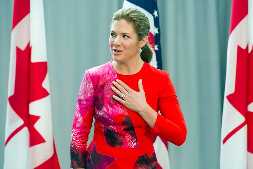 Sophie Grégoire-Trudeau, wife of Canadian Prime Minister Justin Trudeau, places her hand over her heart while participating in a program at the U.S. Institute of Peace in Washington, Thursday, March 10, 2016, to highlight Let Girls Learn efforts and raise awareness for global girl's education. (Cliff Owen/AP)