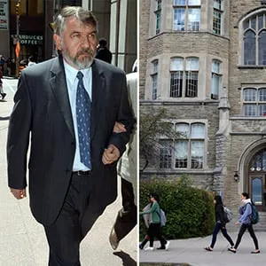 R: Dr. Stanley Dobrowolski leaves a disciplinary hearing, for a lunch break, by the Ontario College of Physicians and Surgeons. This is the fourth time he's appeared before the panel regarding allegations of sexual abuse of patients. (Rick Madonik/Toronto Star/Getty Images); L: Students walk by the University College building on the Western University campus in London, Ontario. (Photograph by Jessica Darmanin)