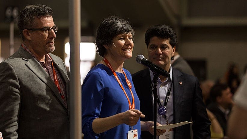 Former NDP MP and deputy leader Megan Leslie speaks at the convention in Edmonton. (Jenna Marie Wakani)