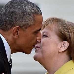 German Chancellor Angela Merkel, right, welcomes U.S. President Barack Obama at Herrenhaus Palace in Hannover, northern Germany, Sunday, April 24, 2016. Obama is on a two-day official visit to Germany. (Martin Meissner/AP)