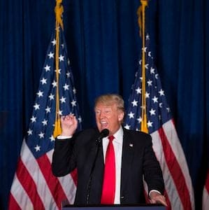 Republican presidential candidate Donald Trump gives a foreign policy speech at the Mayflower Hotel in Washington, Wednesday, April 27, 2016. Trump's highly anticipated foreign policy speech Wednesday will test whether the Republican presidential front-runner, known for his raucous rallies and eyebrow-raising statements, can present a more presidential persona as he works to unite the GOP establishment behind him. (AP Photo/Evan Vucci)